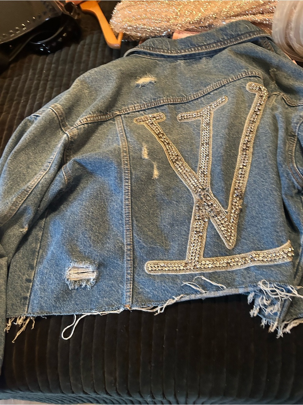 Source Unknown Blue Distressed Jean Jacket with Crystal 'W' Back